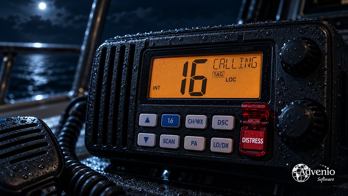 Radio VHF marina de noche con el canal 16 en pantalla y el botón de socorro DISTRESS con la tapa levantada