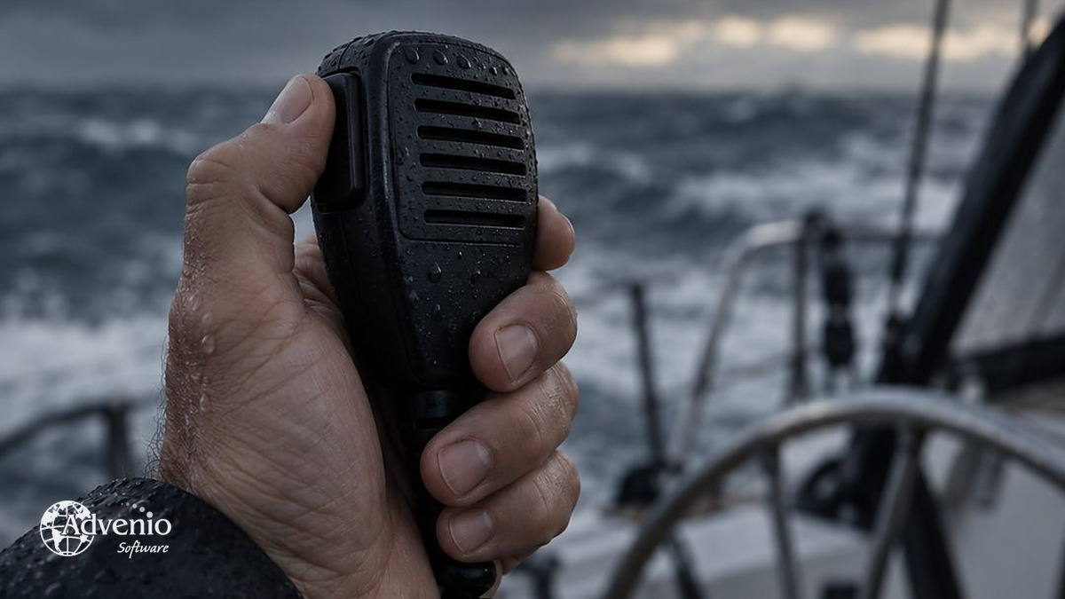 Mano sosteniendo el micrófono de una radio VHF marina en la bañera de un velero con mar formado